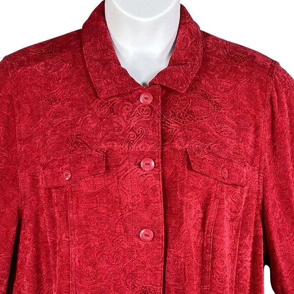 Liz & Me Womens 1X Red Jacquard Button-Front Jacket Abstract Design Art To Wear - Picture 3 of 16
